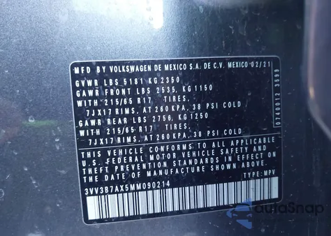 2021 Volkswagen Tiguan 2.0T Se/2.0T Se R-Line Black/2.0T Sel from USA, damaged, VIN 3VV3B7AX5MM090214